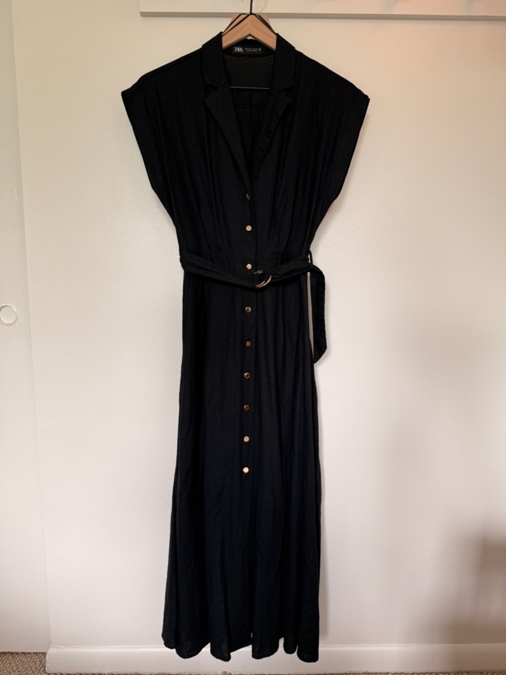 Zara Black Button-Front Belted Linen Maxi Dress with Gold Buttons - Size S - Picture 2 of 14